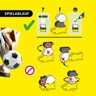 Text: "SPIELABLAUF", "№ 001".

Oben: Korrekte weiße und graue Figuren-Anordnung, grün abgehakt.

Unten: Verbotene Anordnungen mit roten Kreuzen. Trophäe links.