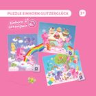 Puzzles mit Einhorn und Regenbogen, Titel: "Puzzle Einhorn Glitzerglück", für Kinder ab 3. Drei bunte Einhorn-Illustrationen.