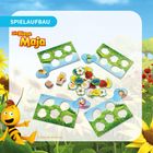 Text "SPIELAUFBAU", "Die Biene Maja". Farbenfrohe Anleitung mit Blumen-Thema, Karten und Biene-Maja-Motiv.
