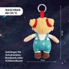 "Waschbar bei 30 °C. Anhänger für Schulranzen, Rucksack oder Schlüsselbund. Plüschfigur mit Ring, 20 cm hoch, 7 cm breit."