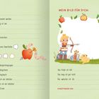 Links: Fragen zu persönlichen Details, Farben, Lieblingstieren. Rechts: Illustration mit Kind und Hund unter Baum.