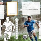 Formulare mit "Das bin ich:", "Mein Lieblingstier:", "Das möchte ich in den Ferien machen". Illustration von Fußballspielern.