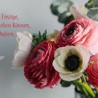 Text: "Gück ist das Einzige, was wir anderen geben können, ohne es selbst zu haben. Carmen Sylva." Blumenstrauß mit roten Blüten.