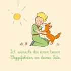 "Ich wünsche dir einen treuen Weggefährten an deiner Seite." Illustration: Kind umarmt Hund, nebenbei scheint die Sonne.