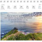 Text: "Möge der Duft der Blumen dich begleiten und das Lachen des Sommers dir Vorfreude schenken..." Darunter Küste im Sonnenuntergang.