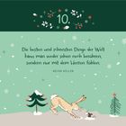 Text: "Die besten und schönsten Dinge der Welt kann man weder sehen noch berühren, sondern nur mit dem Herzen fühlen." - Helen Keller. Oben die Zahl 10 mit Mistelzweigen. Unten ist ein Hase in einer verschneiten Landschaft mit Tannenbäumen zu sehen.