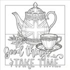 „Good things take time.“ Teekanne mit Union Jack, Tasse auf Teller und Blume.