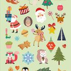 Verschiedene Weihnachtsillustrationen: Fuchs, Maus, Weihnachtsmann, Rentier, Geschenke, Lebkuchen, Tannenbaum, Schneeflocke.