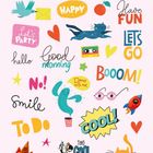 Texte: Happy, Have Fun, Let's Party, hello, Good morning, No!, Smile, TO DO, BOOOM!, Dance with me, COOL, Too cool for school. Verschiedene bunte Illustrationen von Tieren, Objekten und Symbolen.