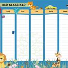 Text: "Der Klassiker", Spalten: Stadt, Land, Fluss, Tier, Beruf, Name, Punkte. Illustrationen von Tieren und Pflanzen.