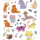 Bunte Illustration mit vielen Katzen und Schmetterlingen, umgeben von Herzen und Blumen.