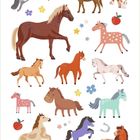 Farbenfrohe Illustrationen von Pferden in verschiedenen Posen umgeben von Sternen und Blumen.