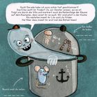 Text im Bild: "Der Küchengeist Kimi", "Huch! Gerade habe ich sooo schön tief geschlummert!" Illustration eines Geistes und eines Topfes.