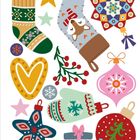 Illustration: Weihnachtssymbole wie Strümpfe, Handschuhe, Sterne, eine Geschenkbox und Weihnachtskugeln. Farbenfroh und dekorativ.