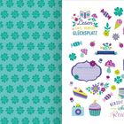 Links grünes Kleeblattmuster, rechts bunte Illustrationen mit Texten "Lesen ist mein Glücksplatz" und "Derzeit vermeide ich die Realität".