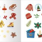 Illustration von Winter- und Weihnachtssymbolen: Schneekugeln, Geschenke, Tiere, Pflanzen, Mützen, Schlittschuhe.