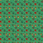 Muster mit Weihnachtsbäumen, roten Schleifen, Glocken, Kränzen und Zuckerstangen auf grünem Hintergrund.