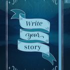 „Write your story“. Ein Notizbuch-Cover mit blauen Bändern und dekorative Sternenmuster.