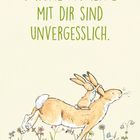 "Schöne Momente mit dir sind unvergesslich." Zwei Hasen springen über eine Wiese mit Blumen.