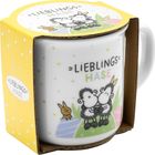 Text: "LIEBLINGS - HASE". Illustration von zwei Schafen mit einem Hasen. Verpackung in Gelb mit Punkten.