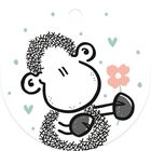 Illustration eines Schafs mit Blume in der Hand, umgeben von Herzen und Punkten.