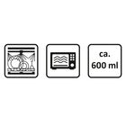 Drei Symbole: 1. Geschirrspüler mit Sprüharmen. 2. Mikrowelle mit Wellenlinien. 3. Text "ca. 600 ml".