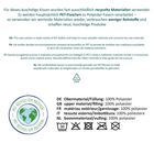 Recyclte Materialien für Kissen, PET-Flaschen zu Polyester, Logo: Herz mit Erdkugel, Symbole für Pflegeanweisungen.