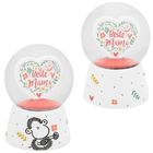 Herz mit "Beste Mama", Blumenornamente in Schneekugeln. Schaf-Illustration auf weißem Sockel.