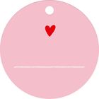 Rund, rosa mit rotem Herz oben. Weiße Linie unten, Loch für Aufhängung.