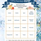 "Geschenke-Bingo", Geschenkeliste: Socken, Parfüm, Buch. Winterliches Design mit Schneeflocken und Geschenkesymbolen.