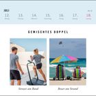 KW 28. Gemischtes Doppel. Links: "Stresser am Band", zwei Personen trainieren. Rechts: "Besser am Strand", Paar unter Schirm.