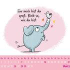 Text: "Für mich bist du groß. Bleib so, wie du bist." Kalender für März. Illustration eines blauen Elefanten mit Vogel.