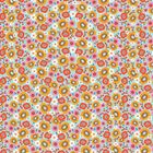 Bunte florale Muster mit scheibenförmigen Früchten in Orange, Pink und Weiß auf blauem Hintergrund.