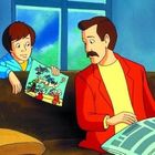 Ein Kind zeigt einem Mann eine bunte Zeichnung, während der Mann eine Zeitung liest.