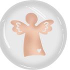 Ein stilisierter Engel mit Flügeln und kleinem Herz auf hellem Hintergrund.