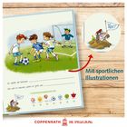 "Mit sportlichen Illustrationen" und "Tor!". Drei Kinder spielen Fußball, ein Maulwurf hält eine Fahne.