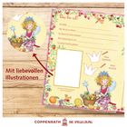 "Das bin ich!", gefolgt von Lücken für Name, Adresse und Geburtstag. Liebevolle Feen-Illustrationen mit Früchten und Blumen.