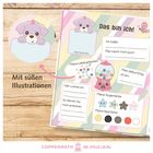 "Buch", "Farbe", "Lied". Fröhliche Illustrationen von Tieren und Gegenständen in Pastellfarben mit leeren Feldern zum Ausfüllen.