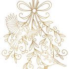 Zwei stilisierte Vögel in einer goldenen Illustration mit Zweigen, Blättern und Beeren, verziert mit einer Schleife oben.