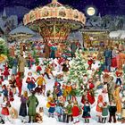 Weihnachtsmarkt-Illustration: Menschen, Kinder, bunte Stände, Karussell, schneebedeckt, Weihnachtsbaum und Nikolaus.