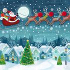 Illustration: Weihnachtsmann im Schlitten fliegt mit Rentieren über ein verschneites Dorf. Weihnachtslichter und Bäume erleuchten die Szene.