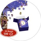 Text "24 Boxen, 500". Illustration eines Puzzles mit Weihnachtsmotiv und einer offenen Box mit der Zahl 2.