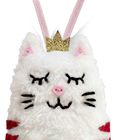 Plüsch-Katzenanhänger mit Krone, geschlossenen Augen und rosa Schleife, weiß-rot gestreiftem Schwanz.