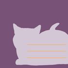 Lila Fläche mit heller Katzenkontur; drei horizontale, orange Linien im Inneren.