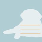 Weiße Hundesilhouette auf blauem Hintergrund mit drei kurzen orangenen Linien.