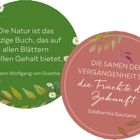 Zwei Zitate in Kreisen. Links: Goethe über Natur, grün mit Blättern. Rechts: Gautama über Zukunft, terracotta mit Ästen.
