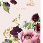 "Marjolein Bastin" steht in zarter Schrift, daneben ein Schmetterling. Eine Illustration mit bunten Blumen und Blättern.