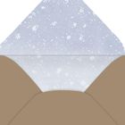 Kein Text vorhanden. Ein geöffneter Umschlag mit brauner Außenseite und hellblauem, gesprenkeltem Innenfutter.