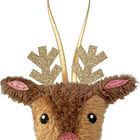 Plüschiges Rentiergesicht mit glitzernden Geweihen und Ohren, rosa Nase, schwarzer Augen, an goldenem Band befestigt.