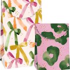 Links bunte Schleifen auf cremefarbenem Grund, rechts grüne Blumen auf pinkem Hintergrund.